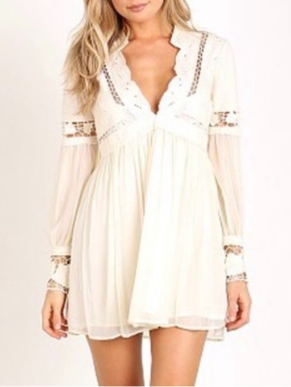 Free People In Dreamland Cutwork Distressed Floral Crochet Lace-Trim Dress Boho